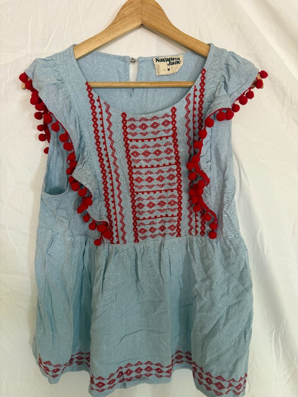 Savanna Jane Light Blue Embroidered Boho Top Size Medium